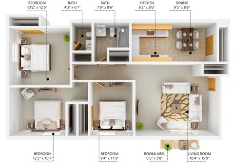 Floor plan for 3 beds, 2 baths, 1100 sqft